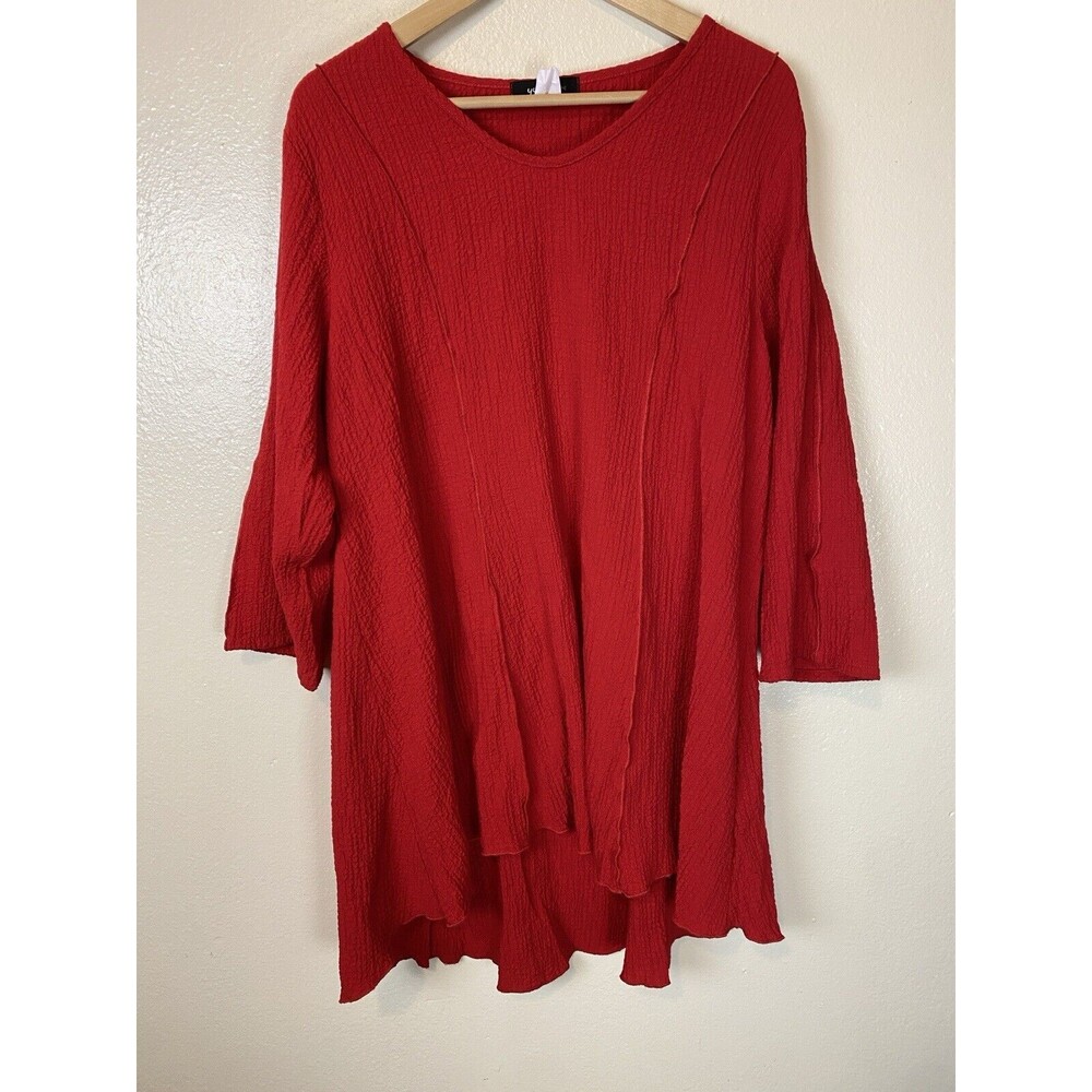 Yushi L Tunic Top Blouse Crinkle Red Art To Wear Artsy V-Neck Lagenlook Long